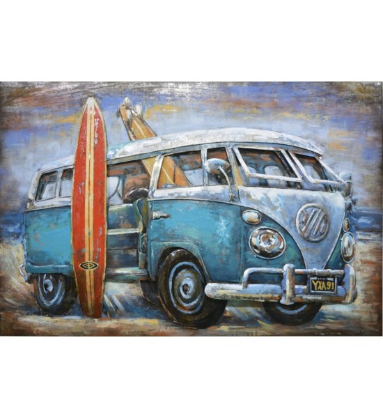 Tirelire Combi Van VW en Bois Bleu Marine- Décoration Surf Bord de Mer